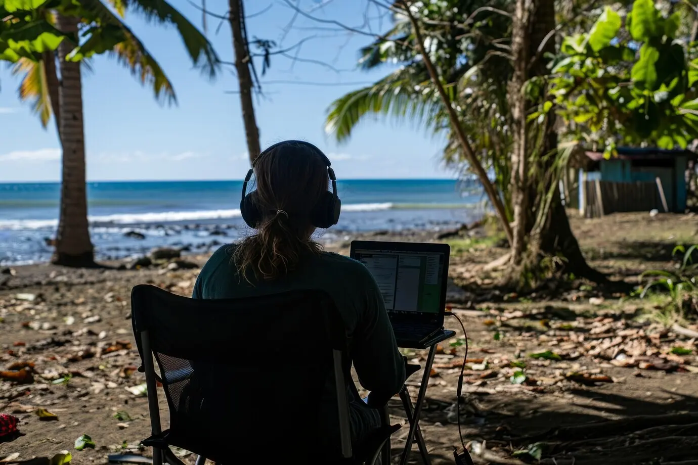 Vielfältige junge Menschen, die als digitale Nomaden remote von traumhaften Orten aus arbeiten.
